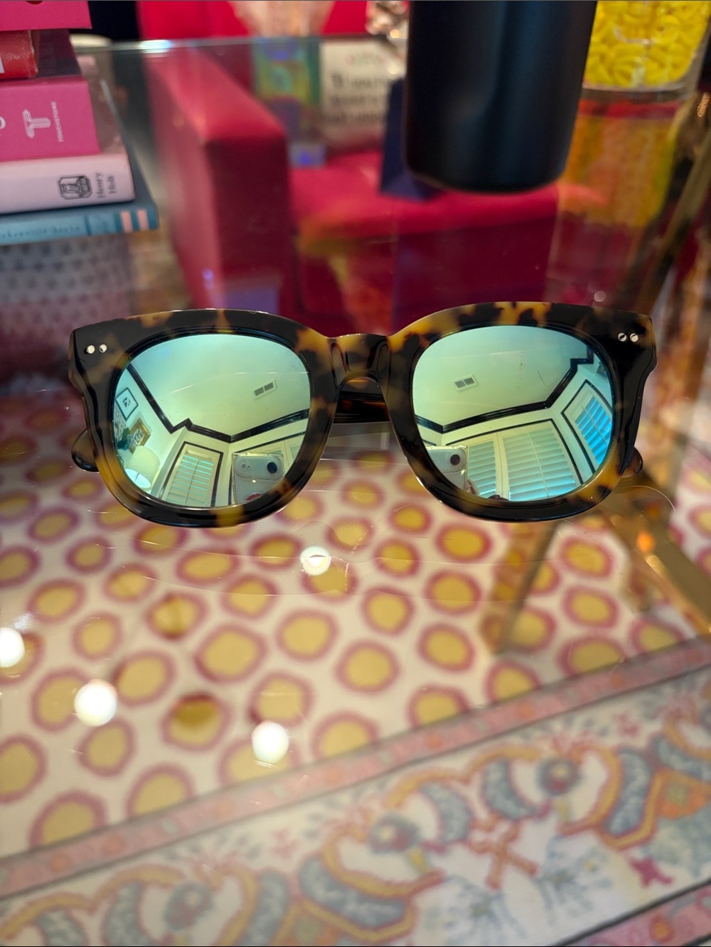 Tortoiseshell Frame Sunglasses with Green Mirrored Lenses